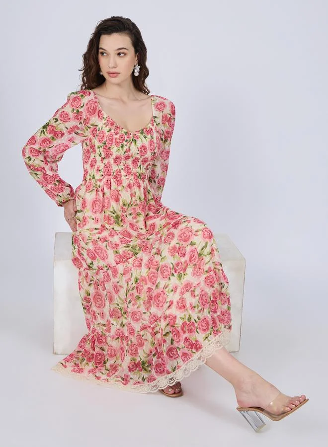 Outzidr  Multi Floral Tiered Midi Dress for Women | Best Price UAE