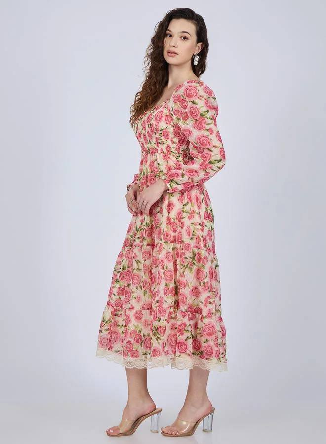 Outzidr  Multi Floral Tiered Midi Dress for Women | Best Price UAE