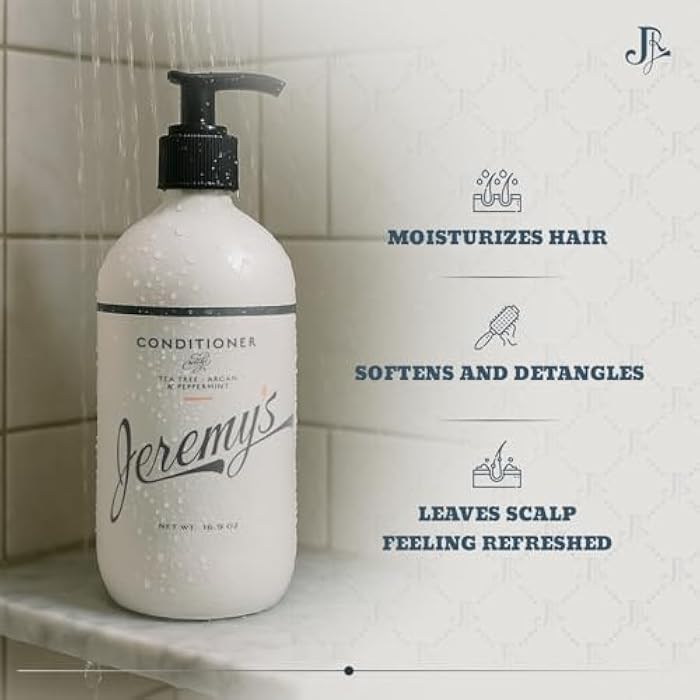 Jeremy's Razors Conditioner for Men - Tea Tree Oil, Argan Oil, Mint - Natural, Moisturizing Hair Care Treatment for Regular and Dry Itchy Scalps, Dandruff, All Mens Hair Types (Made in USA 16.9 Fl Oz) - Image 5