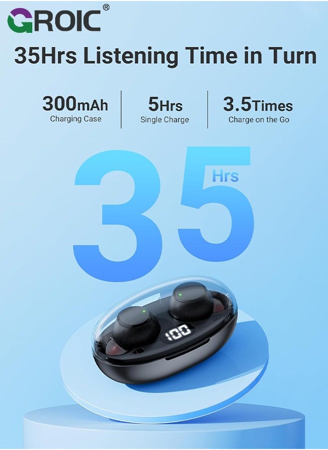 GROIC Wireless Earbuds Mini Ear Buds Bluetooth Headphones 5.3, IPX7 Waterproof Bluetooth Headsets Light-Weight Earphones with Microphone & Charging Case Digital Display for TV Phone PC Laptop Workout Black  - Image 2