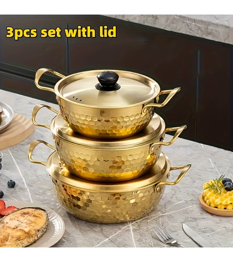 Silver Korean Stainless Steel Ramen Pot Set 3pcs With Lids For Noodles Soup Cooking - Image 1