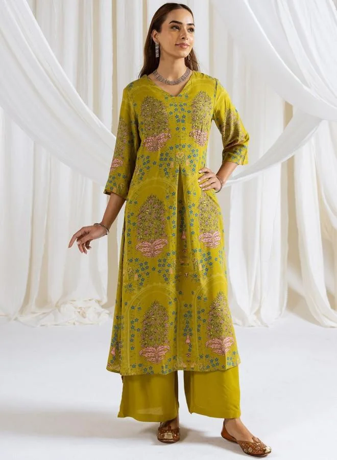 ISHIN Women's Green Rayon Embroidered Tunic Full Length Palazzo Straight Fit Kurta Set