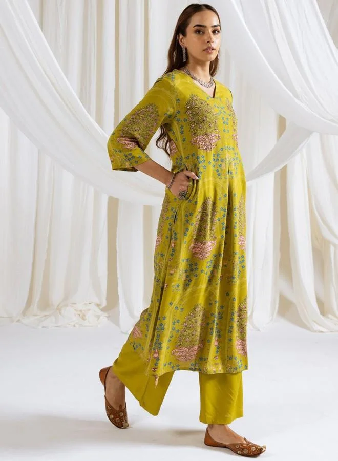 ISHIN Women's Green Rayon Embroidered Tunic Full Length Palazzo Straight Fit Kurta Set