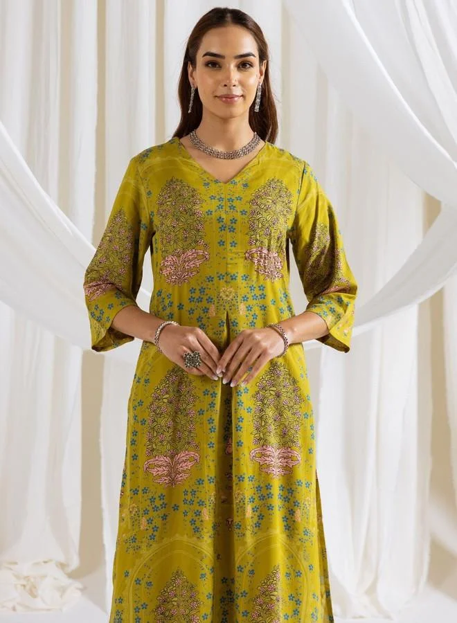 ISHIN Women's Green Rayon Embroidered Tunic Full Length Palazzo Straight Fit Kurta Set