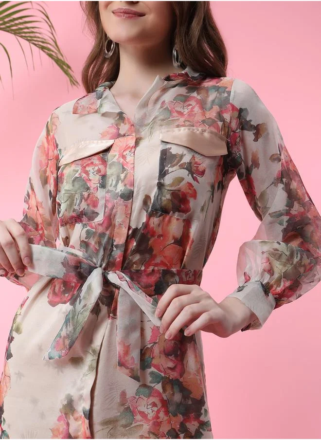 Mish Floral Print Shirt Midi Dress with Tie Belt