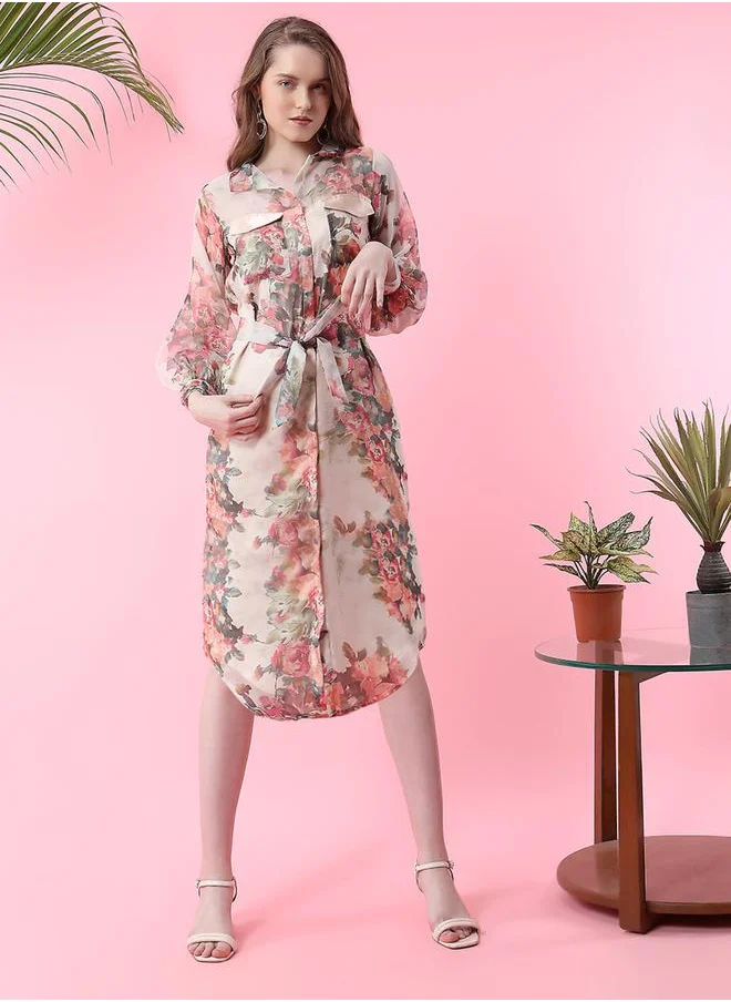 Mish Floral Print Shirt Midi Dress with Tie Belt