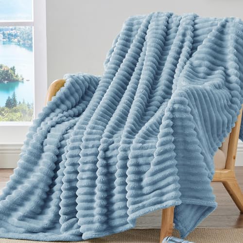 BEDELITE Fleece Throw Blanket for Couch  300GSM Soft  Warm Fluffy Light Blue Blanket Decorative and Giftable Striped Blankets for Women Men 50x60