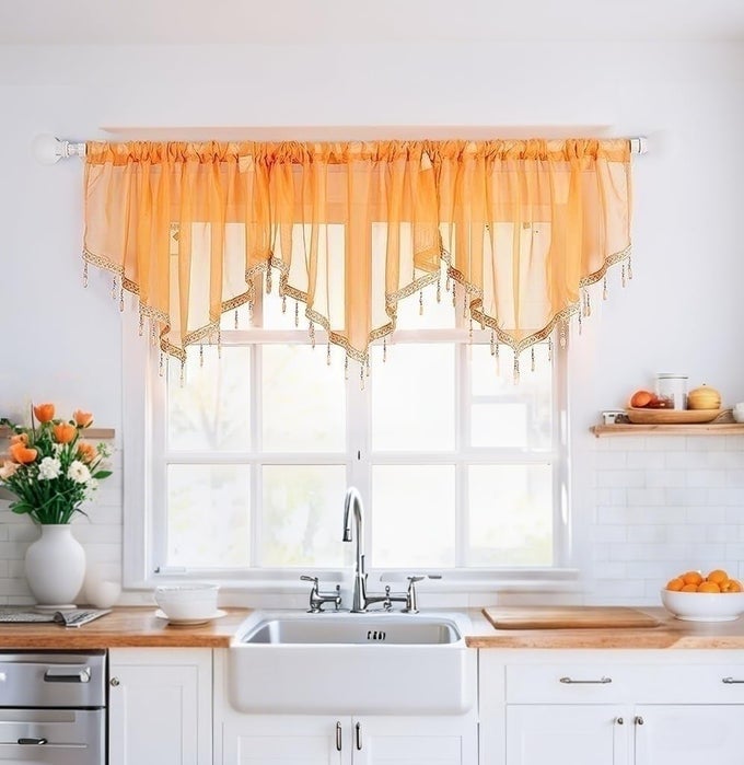 3 PCS BOHO SHEER ORANGE KITCHEN CURTAINS VALANCE FOR WINDOWS ROD POCKET TRIANGLE BATHROOM BEADED SWAG CURTAINS CRYSTAL TASSEL WINDOW TREATMENTS FOR LIVING ROOM CAFE W51 X L24 INCH
