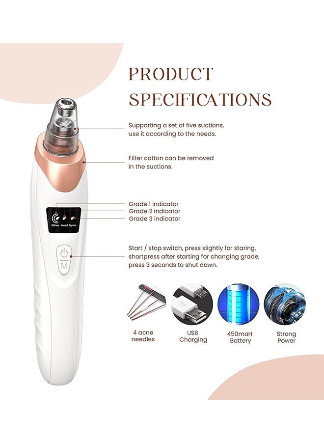 HAVEN Blackhead Remover Pore Vacuum,Facial Pore Cleaner-5 Suction Power,5 Probes,USB Rechargeable Blackhead Vacuum Kit Electric Acne Extractor Tool for Adult (White) - Image 4
