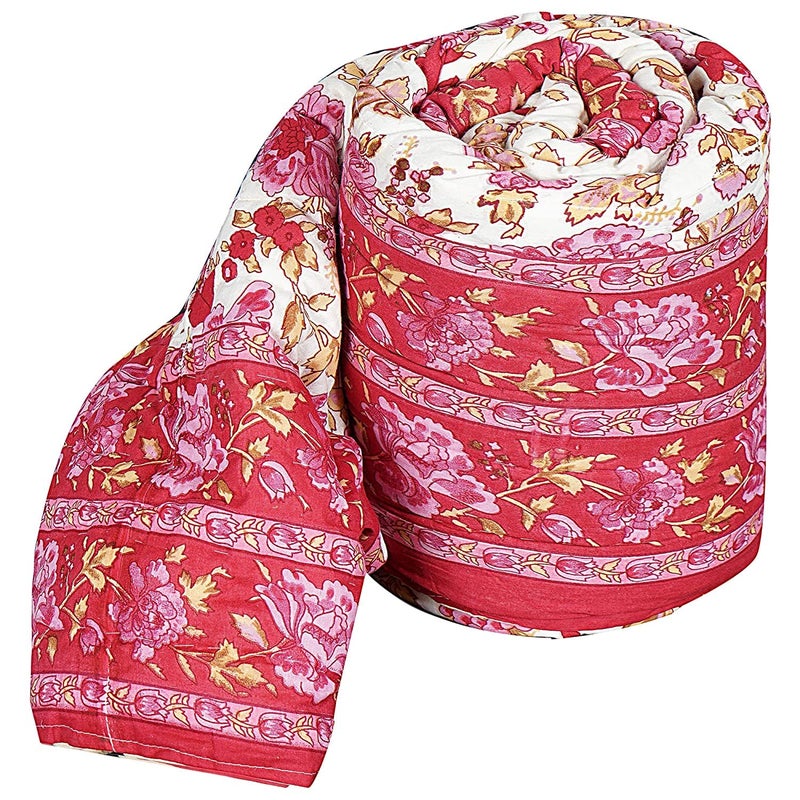 SIBLEY Jaipuri Light Weight Microfiber Hand Stitched Traditional Rajasthani Print Garden Flower Single Bed Comforter/Rajai - Pink - Image 2