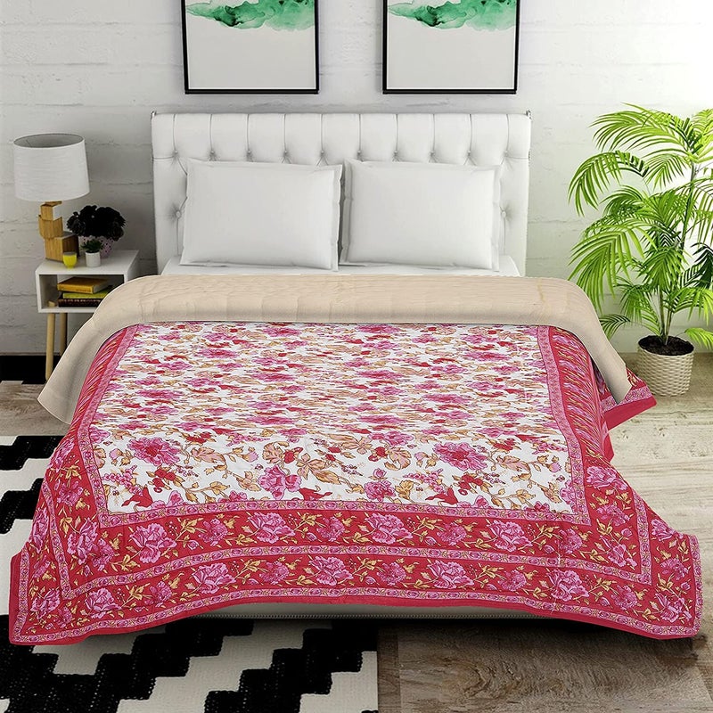 SIBLEY Jaipuri Light Weight Microfiber Hand Stitched Traditional Rajasthani Print Garden Flower Single Bed Comforter/Rajai - Pink - Image 5