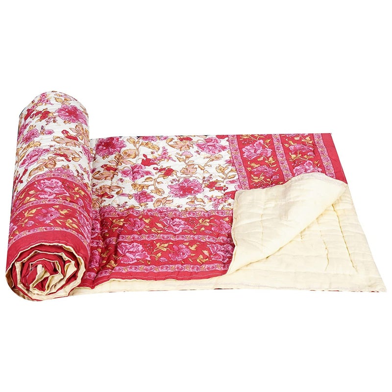 SIBLEY Jaipuri Light Weight Microfiber Hand Stitched Traditional Rajasthani Print Garden Flower Single Bed Comforter/Rajai - Pink - Image 3