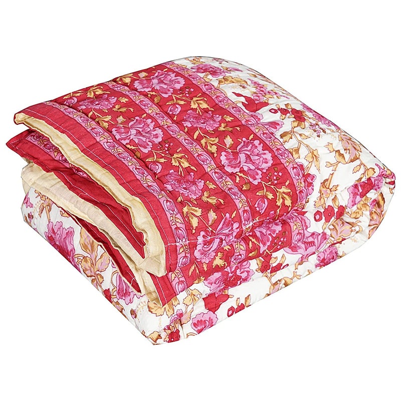SIBLEY Jaipuri Light Weight Microfiber Hand Stitched Traditional Rajasthani Print Garden Flower Single Bed Comforter/Rajai - Pink - Image 1