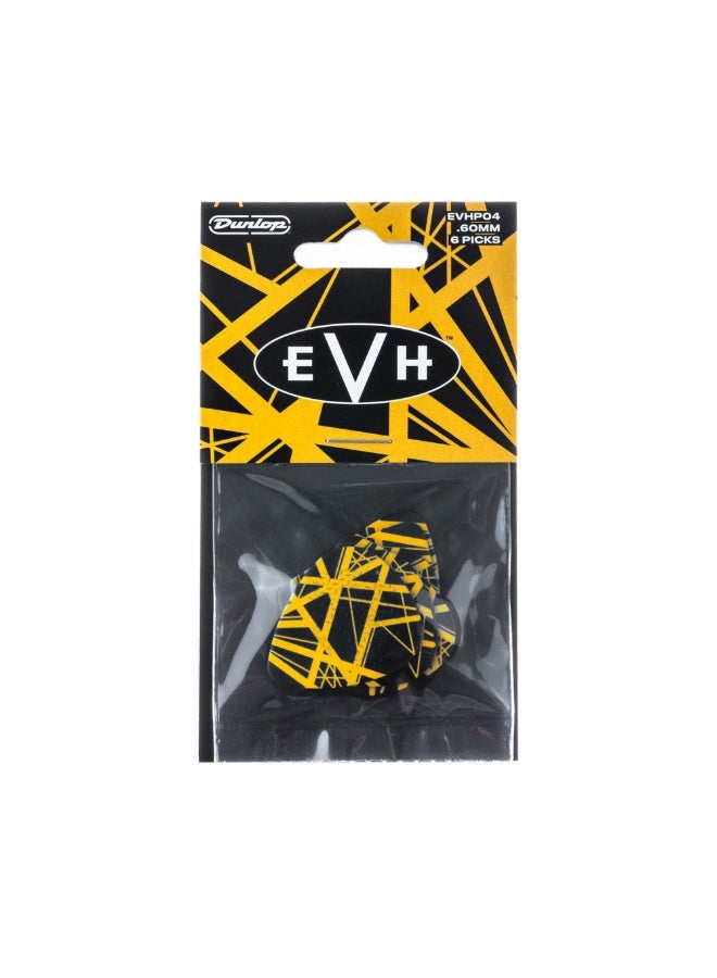 DUNLOP EVH VH II pick, EVH-04, Max-Grip picks, .60mm picks, Eddie Van Halen picks, black yellow stripes pick, guitar picks UAE, EVH picks Dubai, signature picks, plectrum 6 pack, Max-Grip plectrum, guitar picks UAE - Image 1