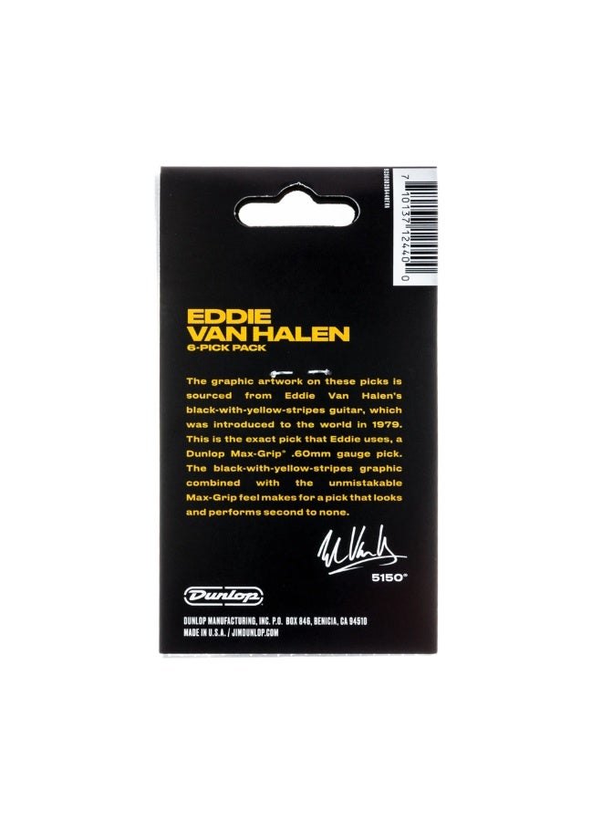 DUNLOP EVH VH II pick, EVH-04, Max-Grip picks, .60mm picks, Eddie Van Halen picks, black yellow stripes pick, guitar picks UAE, EVH picks Dubai, signature picks, plectrum 6 pack, Max-Grip plectrum, guitar picks UAE - Image 2