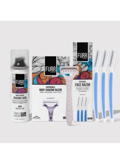 Furr FURR Easy Shave Pack for Women | Face & Body Razors & Shaving Foam Combo | Disposable Body Razor with Japanese & Reusable Face Razor with German Blades & Moisturizing Shaving Foam for Sensitive Skin - Pack of 3  - Image 1