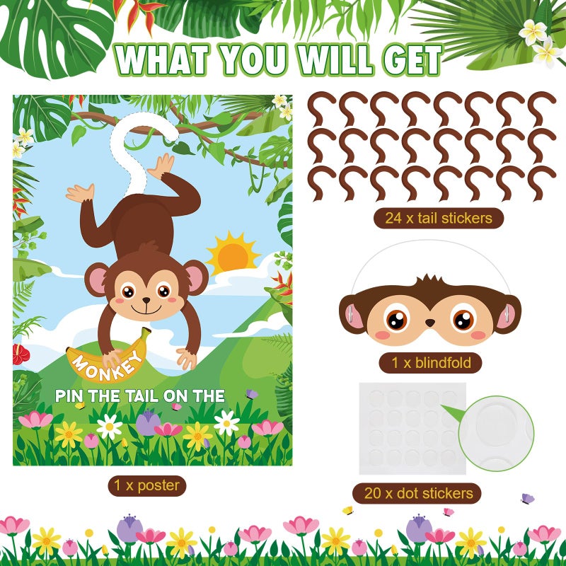 Faccito Jungle Animal Games Pin The Tail On The Monkey Safari Animal Birthday Party Games With Monkey Poster 24 Pcs Tail Stickers And Blindfold For Safari Jungle Zoo Forest Party Decorations Supplies - Image 3