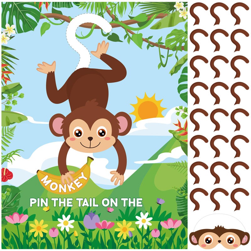 Faccito Jungle Animal Games Pin The Tail On The Monkey Safari Animal Birthday Party Games With Monkey Poster 24 Pcs Tail Stickers And Blindfold For Safari Jungle Zoo Forest Party Decorations Supplies - Image 1