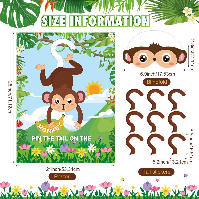 Faccito Jungle Animal Games Pin The Tail On The Monkey Safari Animal Birthday Party Games With Monkey Poster 24 Pcs Tail Stickers And Blindfold For Safari Jungle Zoo Forest Party Decorations Supplies - Image 2
