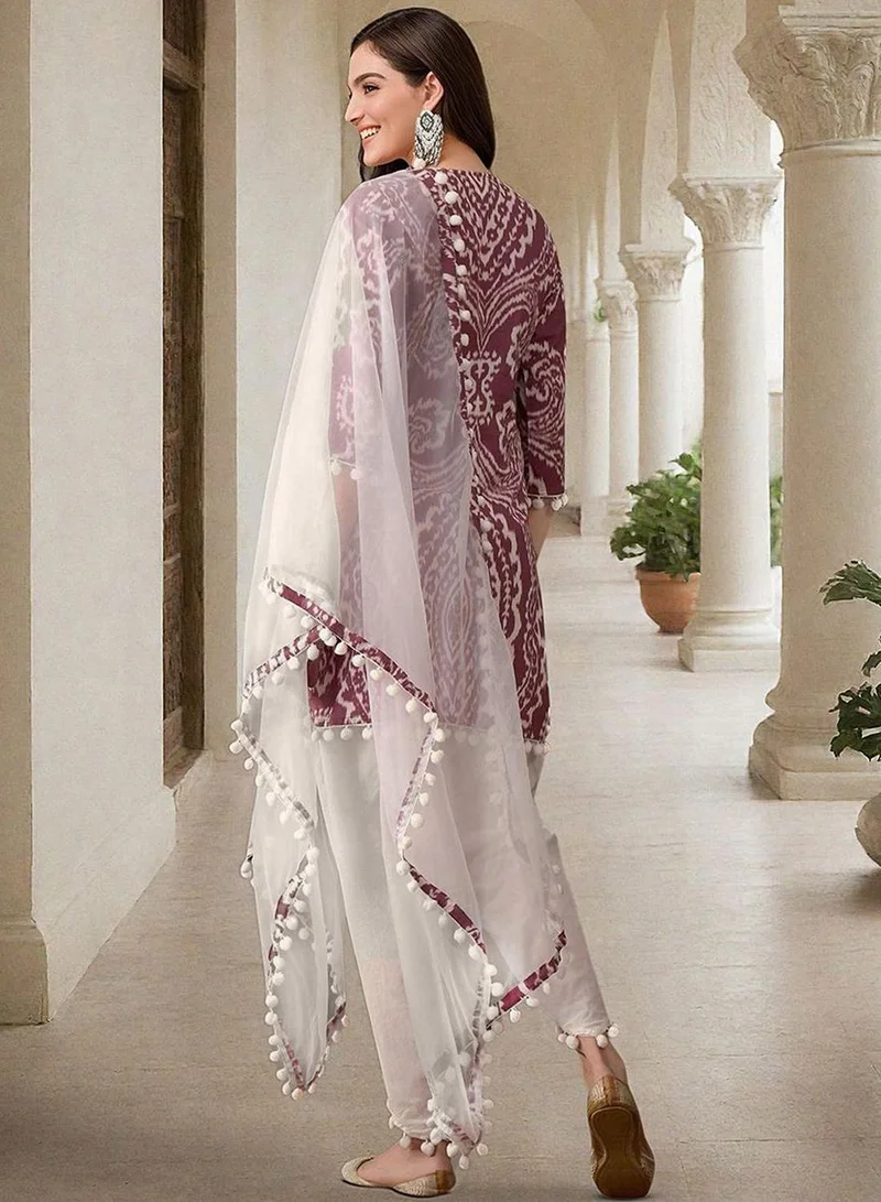 ISHIN Women's Fuchsia 100% Cotton Printed Tunic Full Length Casual Straight Fit Kurta Set