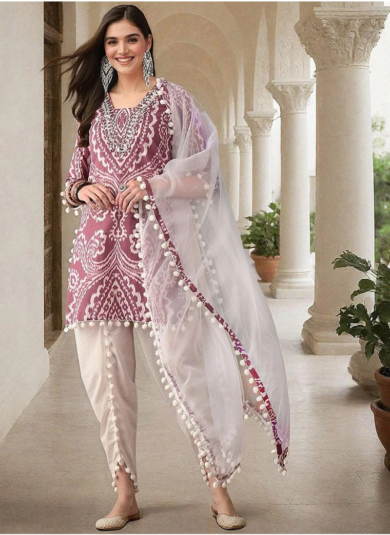 آي شين Women's Fuchsia 100% Cotton Printed Tunic Full Length Casual Straight Fit Kurta Set