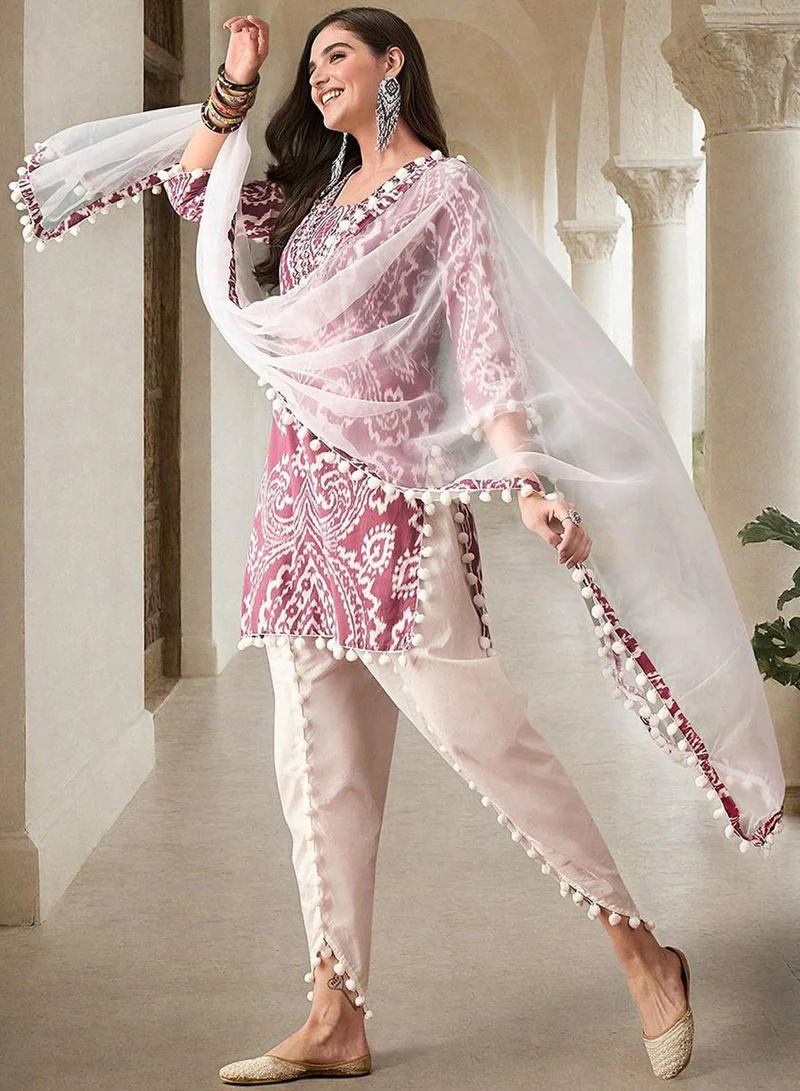 ISHIN Women's Fuchsia 100% Cotton Printed Tunic Full Length Casual Straight Fit Kurta Set
