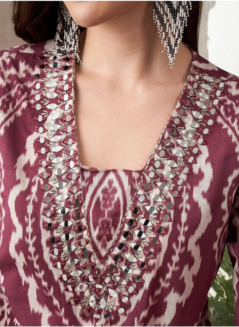 آي شين Women's Fuchsia 100% Cotton Printed Tunic Full Length Casual Straight Fit Kurta Set