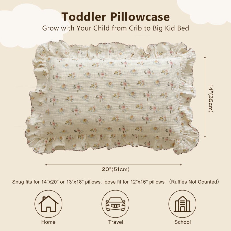 BuLuTu Cotton Muslin Kids Toddler Pillowcase with Cute Azalea Flowers Pattern Super Soft Crib Nursery Pillowcase for Boys,Girls,Bedding Decor Machine Washable, Durable Pillowcase,1 Piece,14"x20" - Image 2
