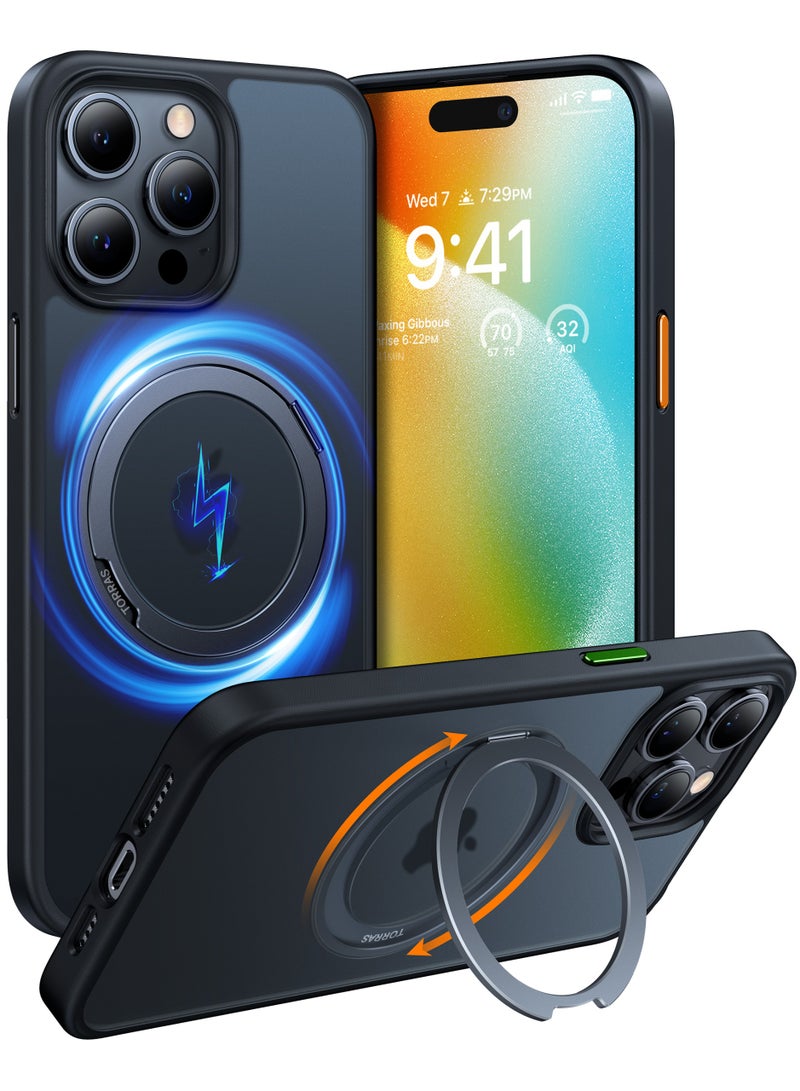 حلقة مغناطيسية قابلة للدوران 360° لحافظة آيفون 15 برو، مناسبة لمغسيف مع حامل و حلقة، خلفية شفافة مقاومة للصدمات بمعيار عسكري لحافظة آيفون 15 برو Ostand Pro، سوداء - Image 1