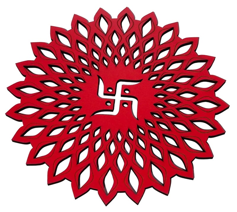 My Dream Carts Red Round Decorative Wall Art Mdf Wooden Swastika Chakra For Temple, Living Room, Office, Hotel, Home Decor Items, Gift Item, Mandala Wall Hanging For House Decoration 15x15 CM - Image 3