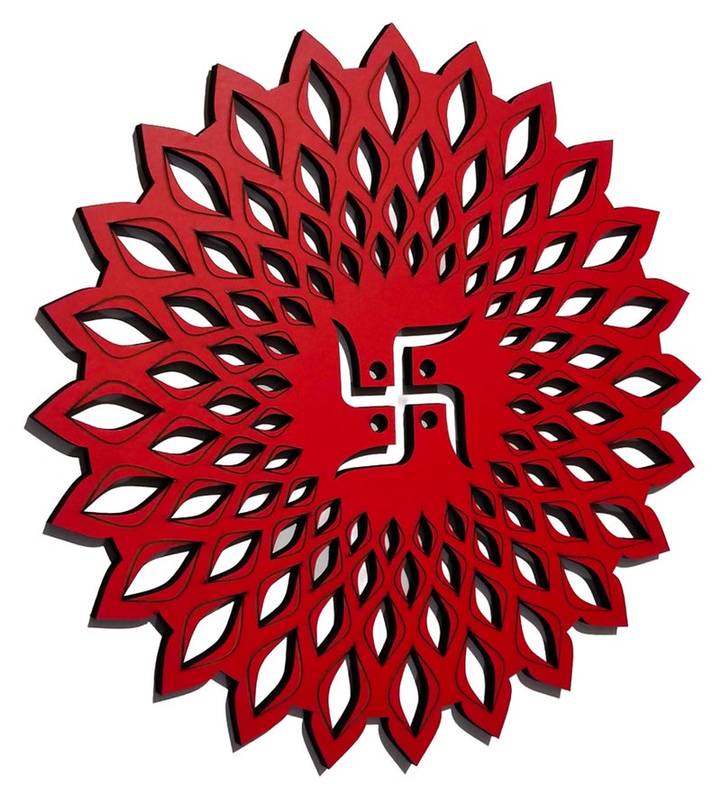 My Dream Carts Red Round Decorative Wall Art Mdf Wooden Swastika Chakra For Temple, Living Room, Office, Hotel, Home Decor Items, Gift Item, Mandala Wall Hanging For House Decoration 15x15 CM - Image 2