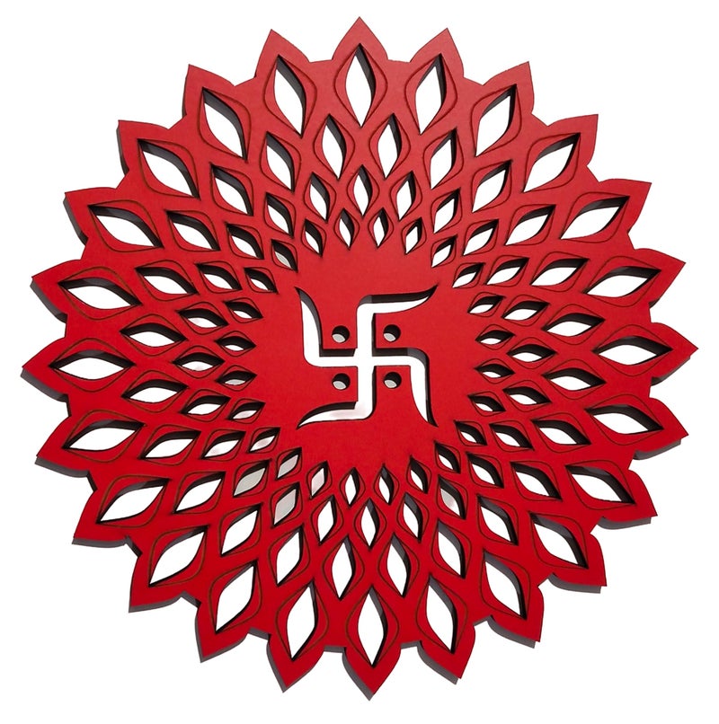 My Dream Carts Red Round Decorative Wall Art Mdf Wooden Swastika Chakra For Temple, Living Room, Office, Hotel, Home Decor Items, Gift Item, Mandala Wall Hanging For House Decoration 15x15 CM - Image 1