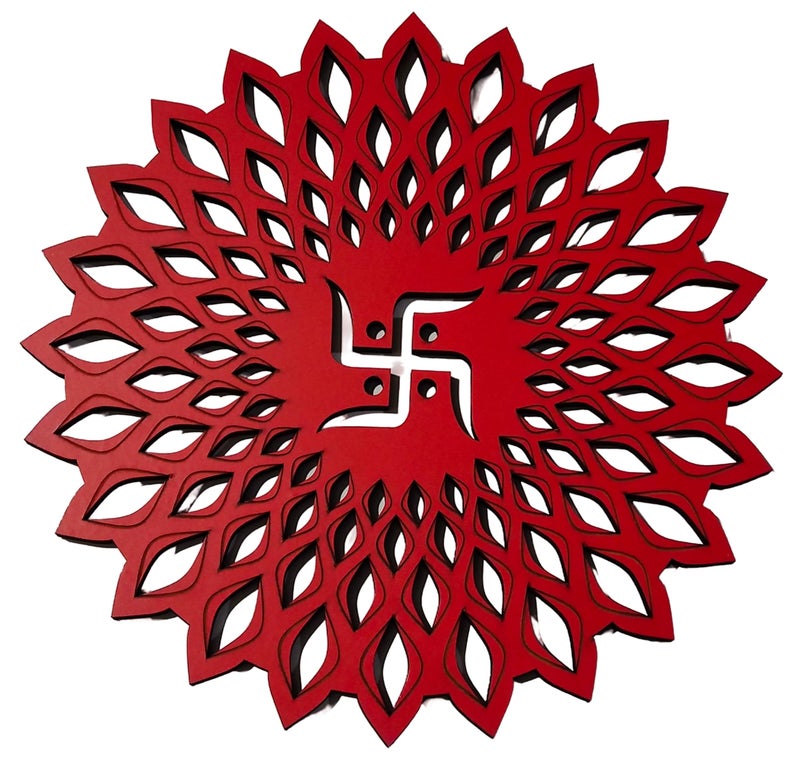 My Dream Carts Red Round Decorative Wall Art Mdf Wooden Swastika Chakra For Temple, Living Room, Office, Hotel, Home Decor Items, Gift Item, Mandala Wall Hanging For House Decoration 15x15 CM - Image 4