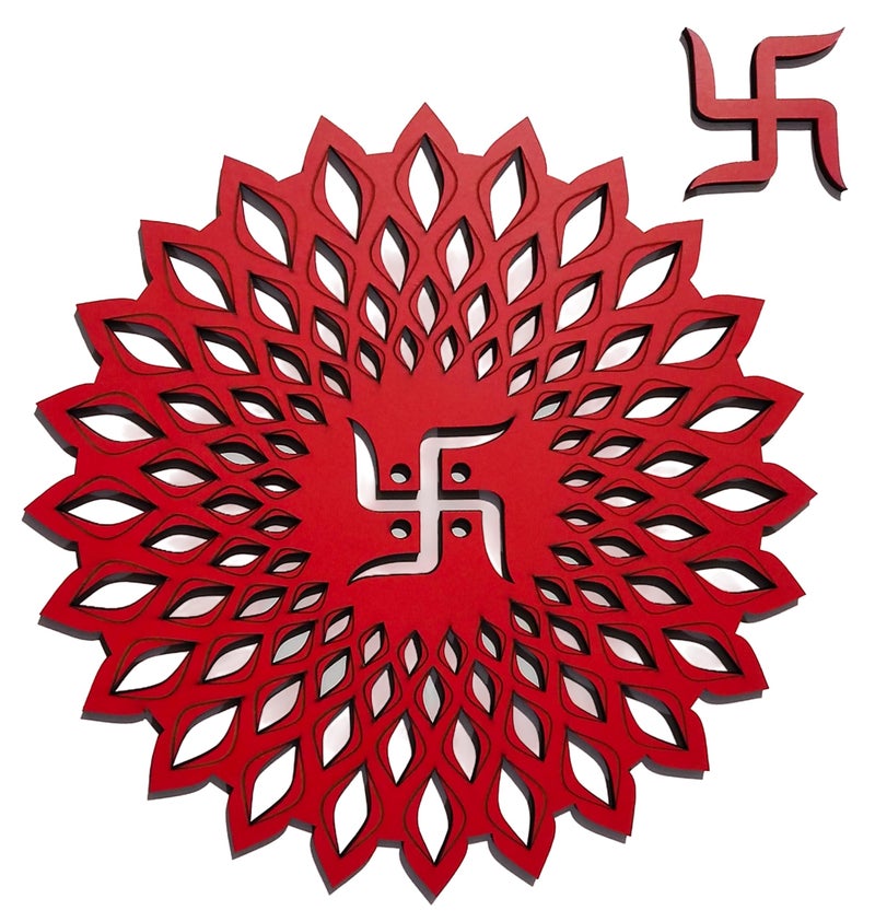 My Dream Carts Red Round Decorative Wall Art Mdf Wooden Swastika Chakra For Temple, Living Room, Office, Hotel, Home Decor Items, Gift Item, Mandala Wall Hanging For House Decoration 15x15 CM - Image 5