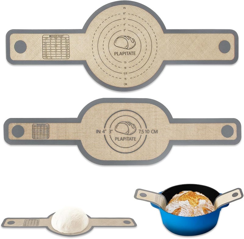 PLAPITATE Silicone Bread Sling Dutch Oven Liner, Non-Stick & Easy Clean Reusable Oval and Round Silicone Bread Baking Mat with Long Handles, Easy to Transfer Sourdough Bread - 2 Gray Set - Image 1