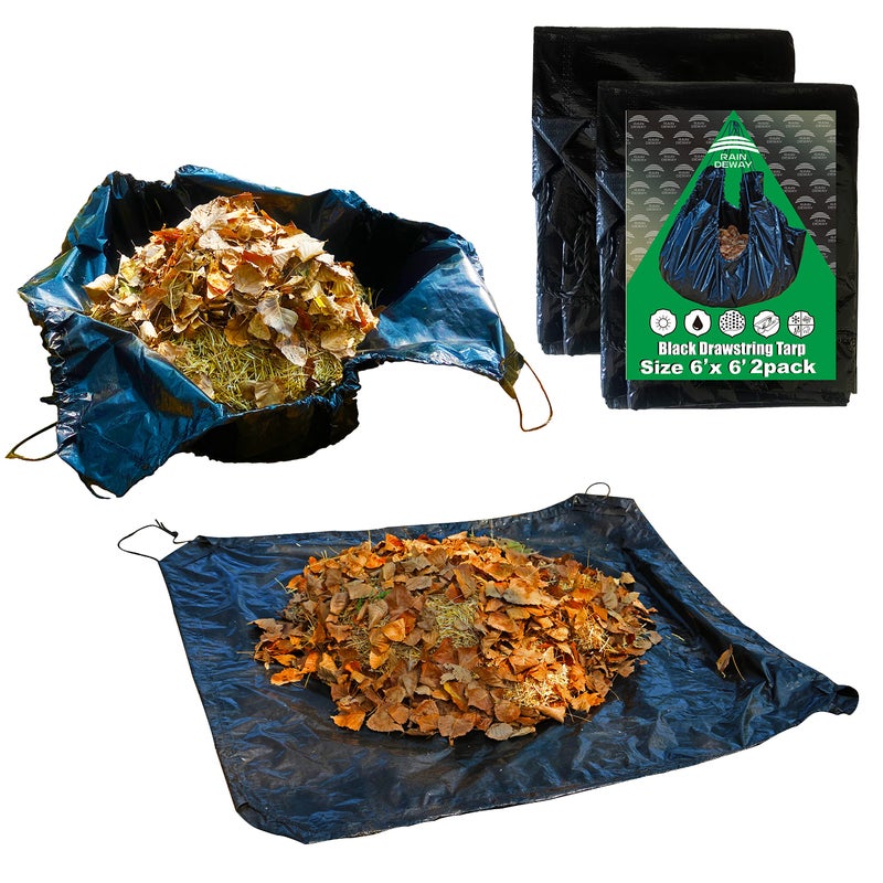 رايندووي حقيبة قماش مشدودة 6x6 قدم 2 حزمة 9 مل بولي أسود مع حبل مشدود قابلة لإعادة الاستخدام لجمع أوراق الحديقة والنفايات