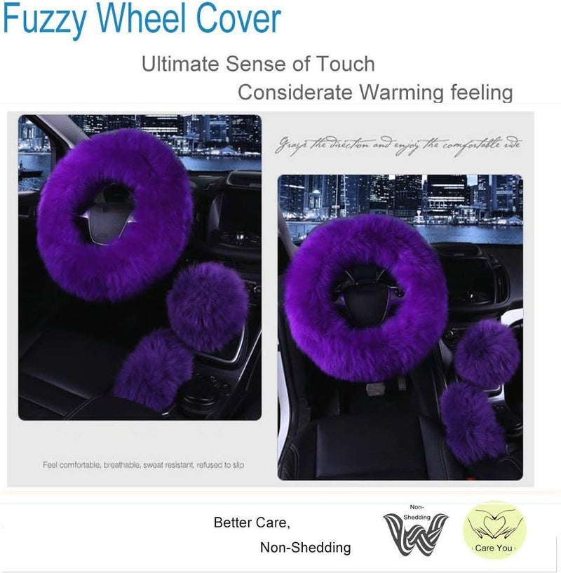 Nan Younglingn Car Steering Wheel Cover Gear Shift Handbrake Fuzzy Cover 1 Set 3 Pcs Multi-Colored with Winter Warm Pure Wool Fashion for Girl Women Ladies Universal Fit Most Car (Purple) - Image 2