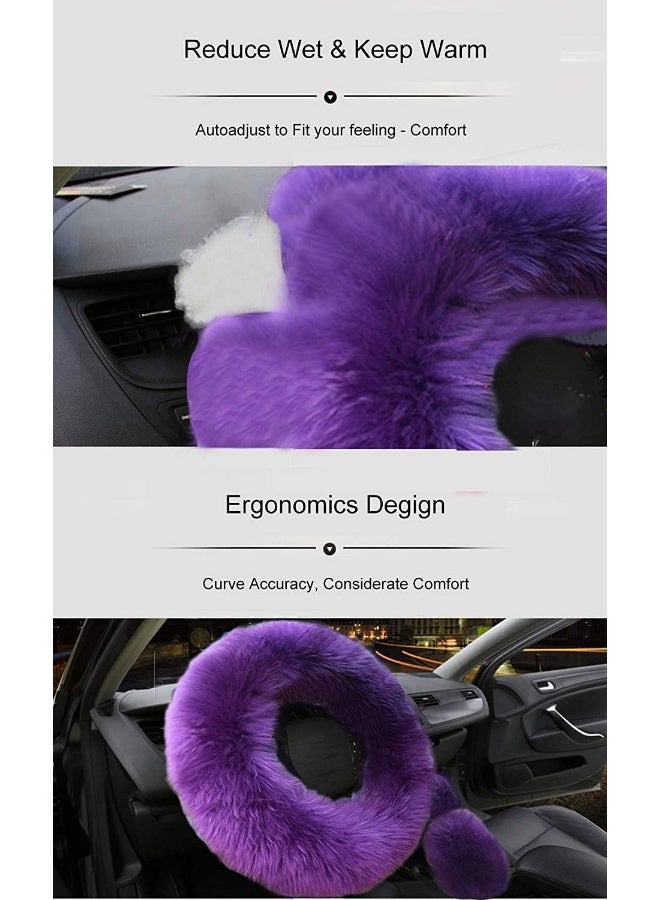 Nan Younglingn Car Steering Wheel Cover Gear Shift Handbrake Fuzzy Cover 1 Set 3 Pcs Multi-Colored with Winter Warm Pure Wool Fashion for Girl Women Ladies Universal Fit Most Car (Purple) - Image 3