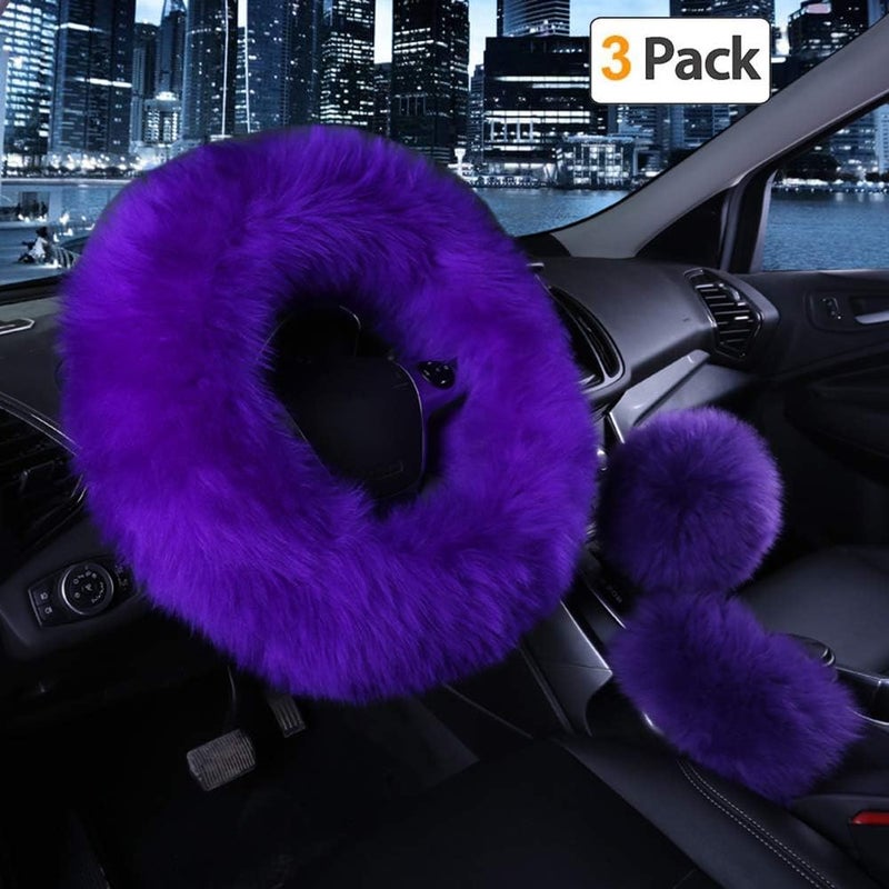 Nan Younglingn Car Steering Wheel Cover Gear Shift Handbrake Fuzzy Cover 1 Set 3 Pcs Multi-Colored with Winter Warm Pure Wool Fashion for Girl Women Ladies Universal Fit Most Car (Purple) - Image 1
