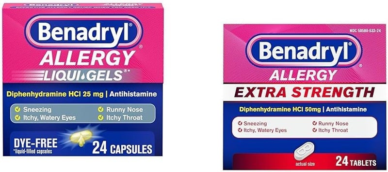 Benadryl بنادريل ليكوي جيلز دواء مضاد للهستامين لعلاج الحساسية تخفيف البرد خالي من الأصباغ 24 حبة قوة إضافية تخفيف الحساسية 50 ملغ أقراص ديفينهيدرامين 24 حبة - Image 1