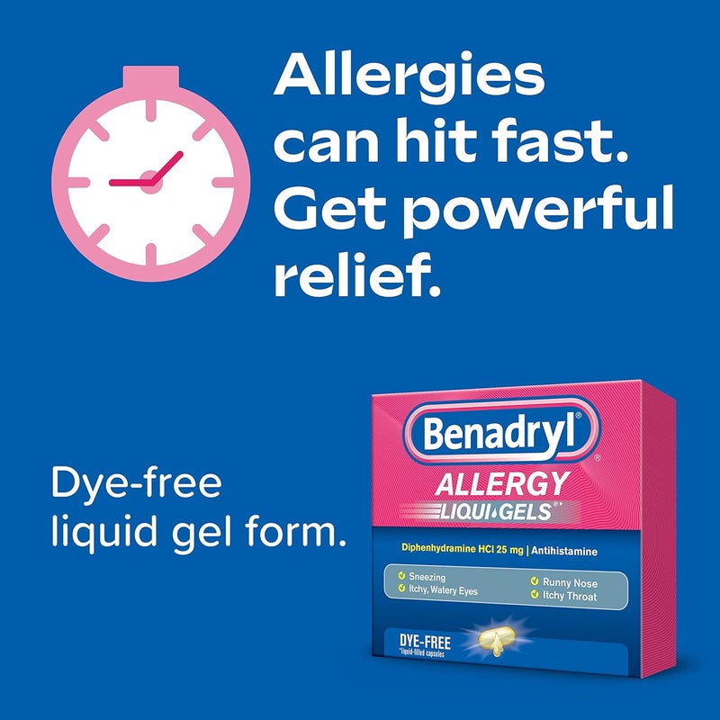 Benadryl بنادريل ليكوي جيلز دواء مضاد للهستامين لعلاج الحساسية تخفيف البرد خالي من الأصباغ 24 حبة قوة إضافية تخفيف الحساسية 50 ملغ أقراص ديفينهيدرامين 24 حبة - Image 3