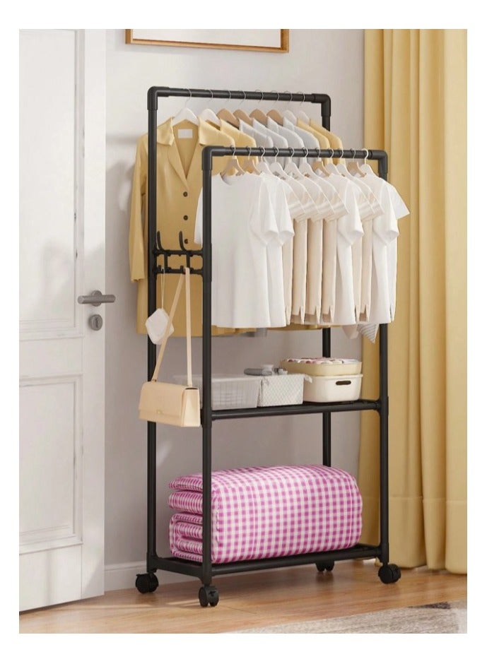 Cloth Rack - Multifunctional Hanging Wardrobe Stand with Wheels,  2 Storage Shelves, Shoe Rack, Clothes Organizer, Hooks & Clothes Drying Solution  - Image 1