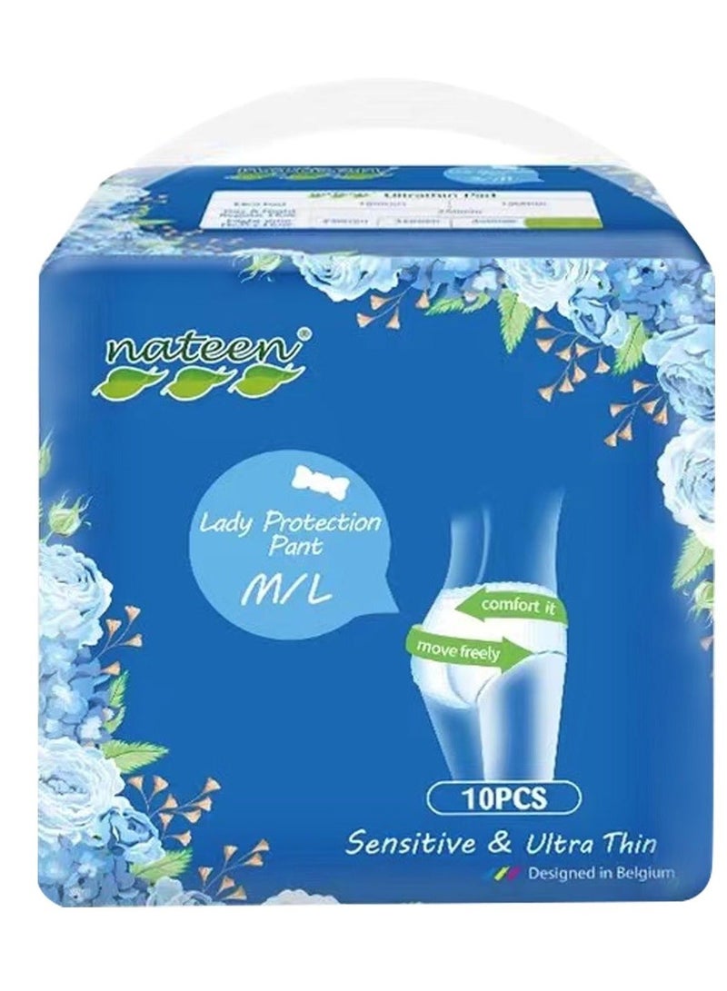 nateen Disposable Period Pants For Sanitary Protection,10 Count Sanitary Pads Pant Style,Protective Underware For Women,M/L (Medium/Large) Pull Ups,Super Guard Short Type. - Image 1