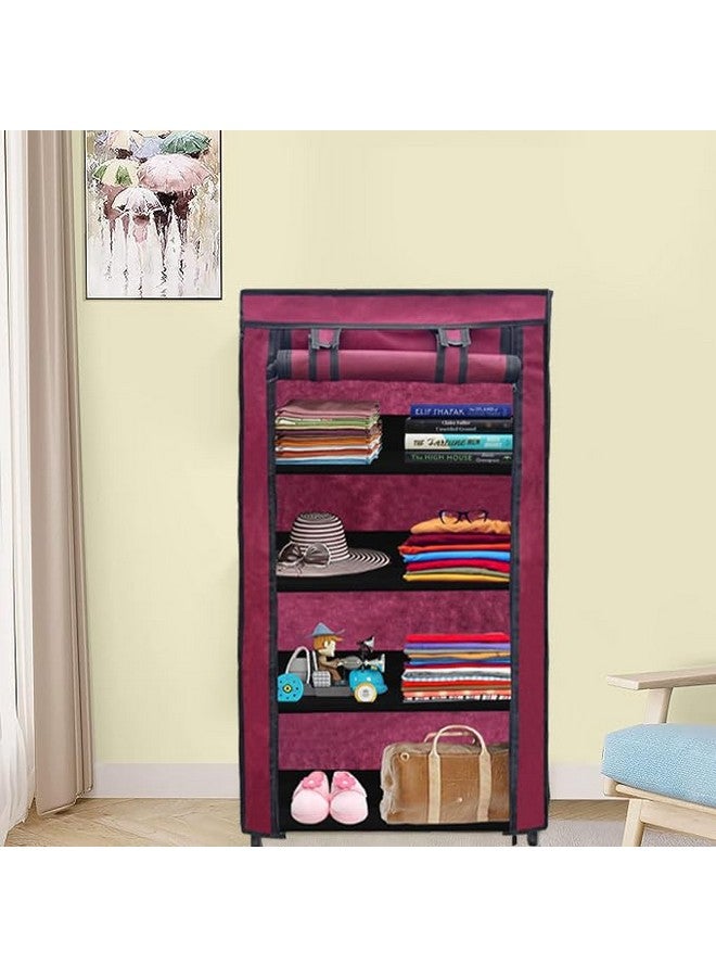 PHILOSHOP 4 Tier Collapsible Wardrobe Clothes Organizer Adjustable Racks Space Saving Foldable Stand Multipurpose Storage Shelves Lightweight Cabinet for Men, Women, Kids with Cover (Maroon) - Image 2