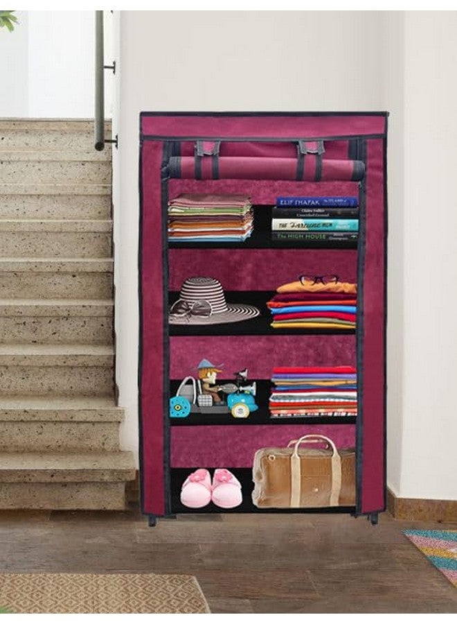 PHILOSHOP 4 Tier Collapsible Wardrobe Clothes Organizer Adjustable Racks Space Saving Foldable Stand Multipurpose Storage Shelves Lightweight Cabinet for Men, Women, Kids with Cover (Maroon) - Image 4