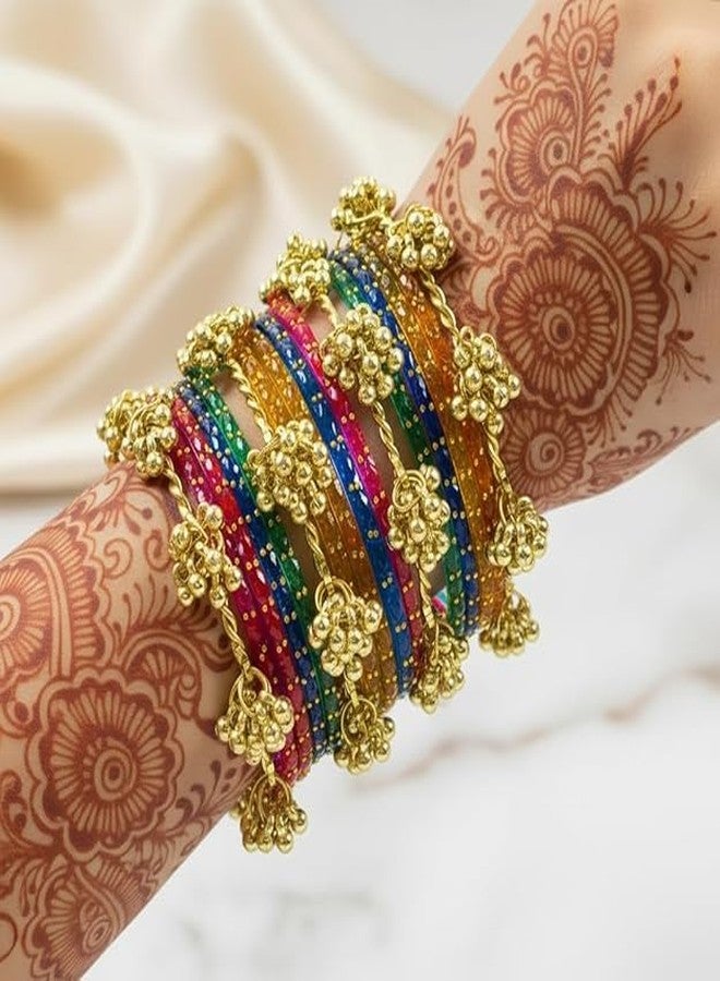 BANGLESKART 16pc dark Multi Color Glass Bangles Set Viral Kashmiri Ghungroo Chuda with Heavy Gold Guchha Charms Traditional Jewelry Women Multicolor - Image 4