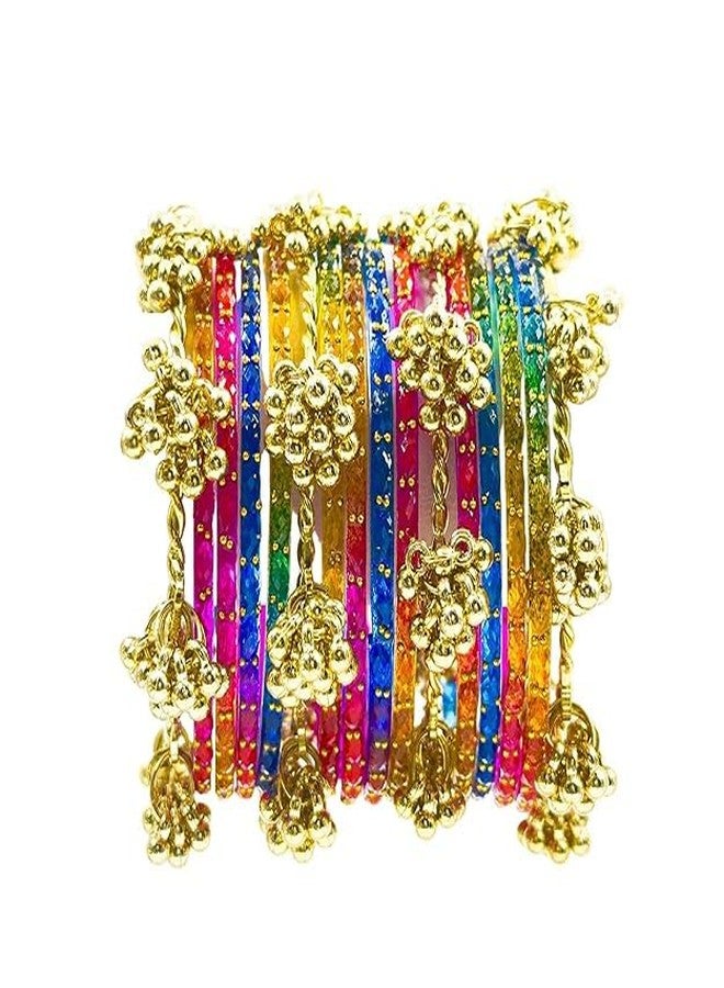 BANGLESKART 16pc dark Multi Color Glass Bangles Set Viral Kashmiri Ghungroo Chuda with Heavy Gold Guchha Charms Traditional Jewelry Women Multicolor - Image 2