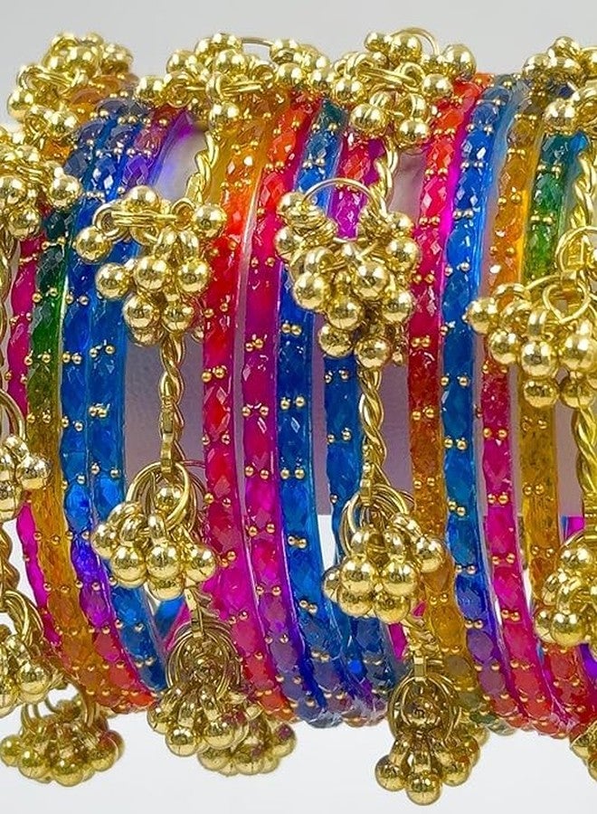 BANGLESKART 16pc dark Multi Color Glass Bangles Set Viral Kashmiri Ghungroo Chuda with Heavy Gold Guchha Charms Traditional Jewelry Women Multicolor - Image 5