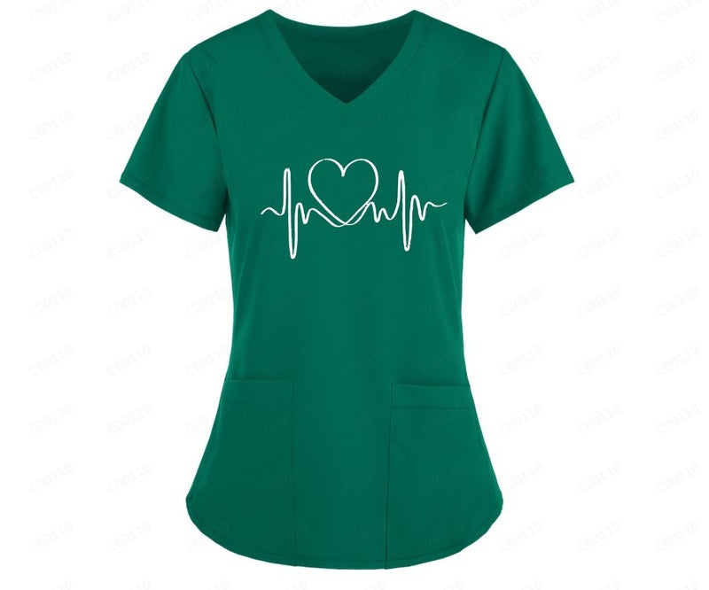 2024 Summer Nurse Fixture Printed Shirt V-Neck Large Pocket Short-Sleeved T-Shirt Women'S Wear - Image 1