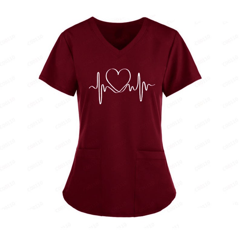 2024 Summer Nurse Fixture Printed Shirt V-Neck Large Pocket Short-Sleeved T-Shirt Women'S Wear - Image 3